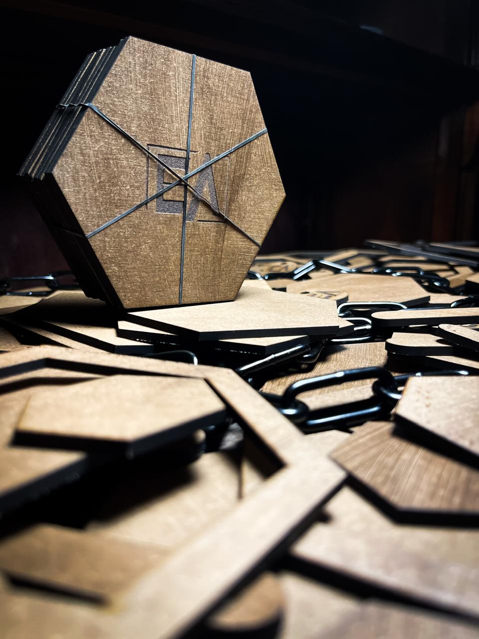 Hexagonal wooden puzzle pieces.